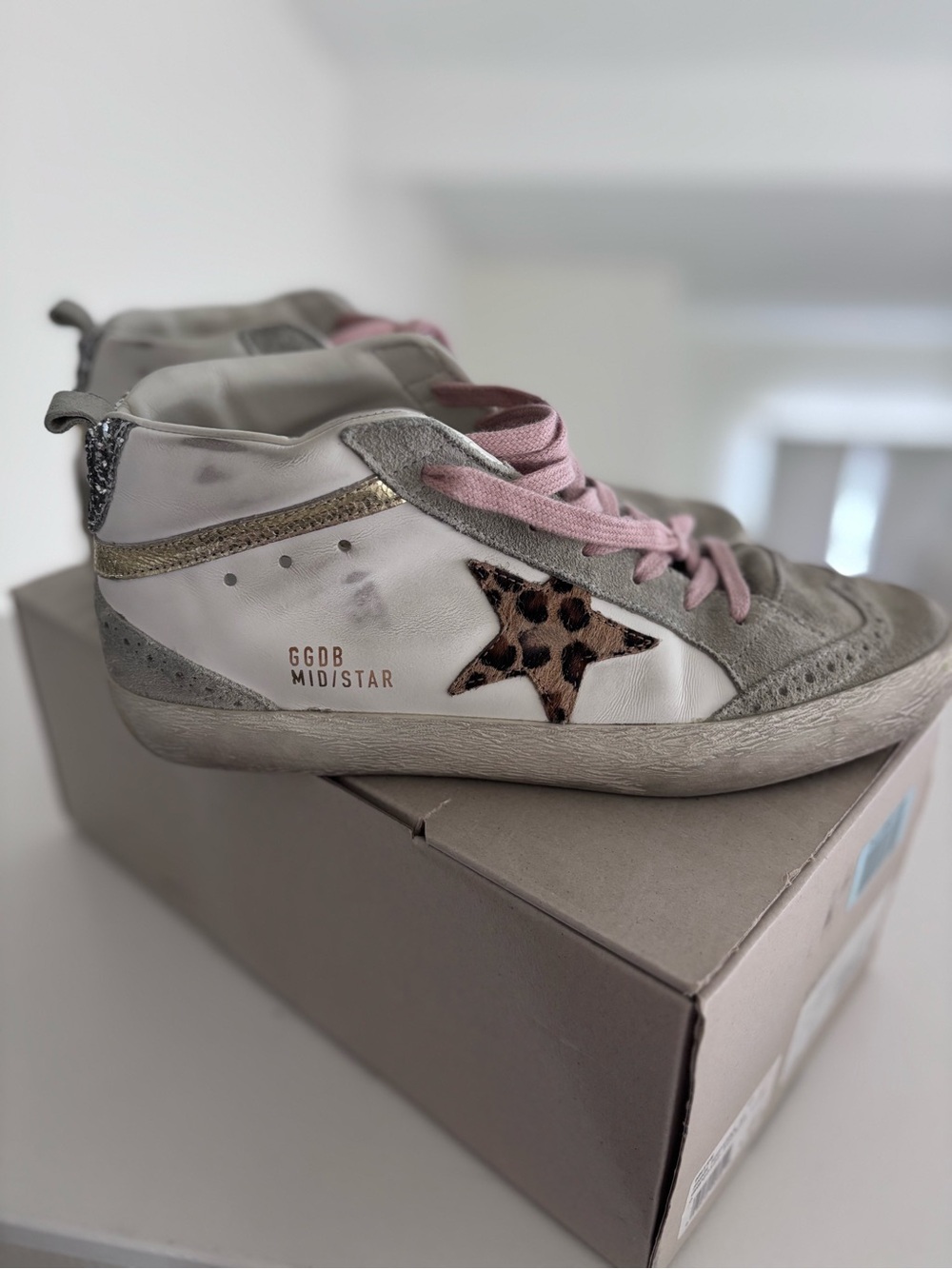 Golden Goose Mid Star Leopard Star High-Top Sneaker in White and Pink